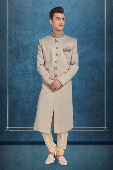 Dusty White & Gold Printed Silky Jacquard Sherwani — view 3 of 6