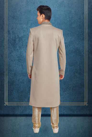 Dusty White & Gold Printed Silky Jacquard Sherwani — view 6 of 6
