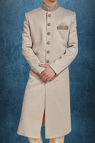 Dusty White & Gold Printed Silky Jacquard Sherwani — view 5 of 6
