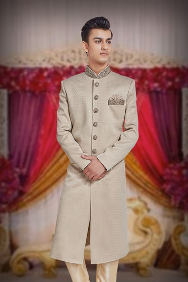 Dusty White & Gold Printed Silky Jacquard Sherwani — view 2 of 6