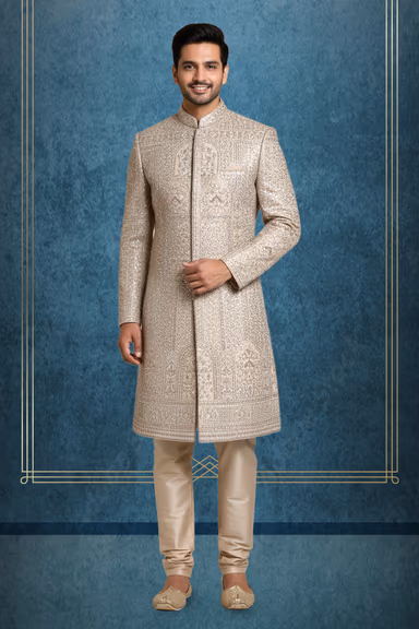 Exquisite Cream Sherwani Features Intricate Hand Embroidery And Elegant Patterns — view 1 of 2