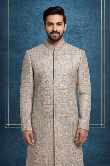 Exquisite Cream Sherwani Features Intricate Hand Embroidery And Elegant Patterns — view 2 of 2