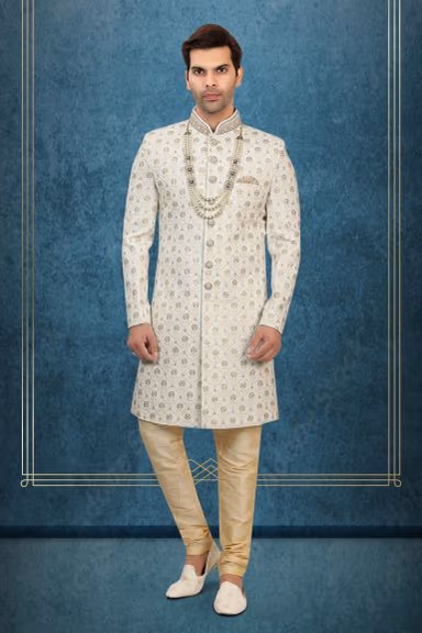 Gold Floral Embroidered Silk Sherwani — view 1 of 6