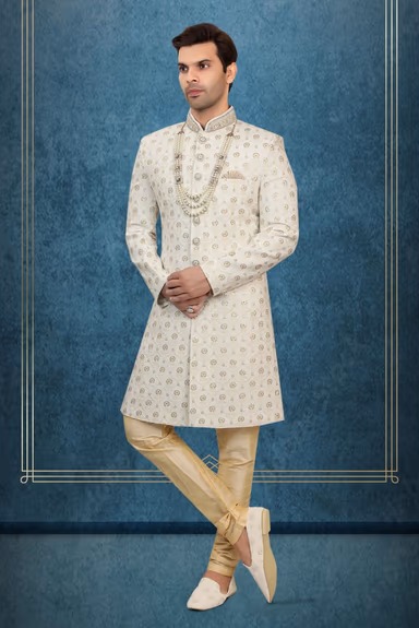 Gold Floral Embroidered Silk Sherwani — view 3 of 6