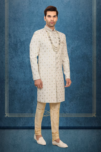 Gold Floral Embroidered Silk Sherwani — view 2 of 6