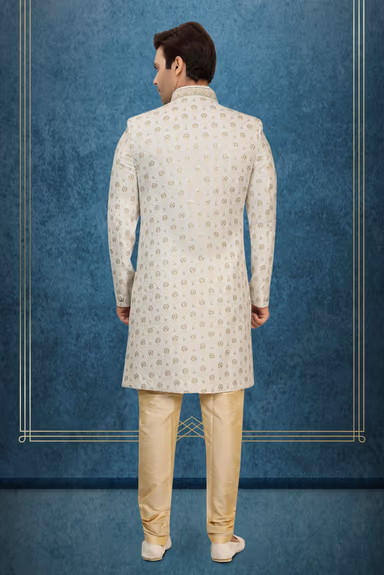 Gold Floral Embroidered Silk Sherwani — view 4 of 6