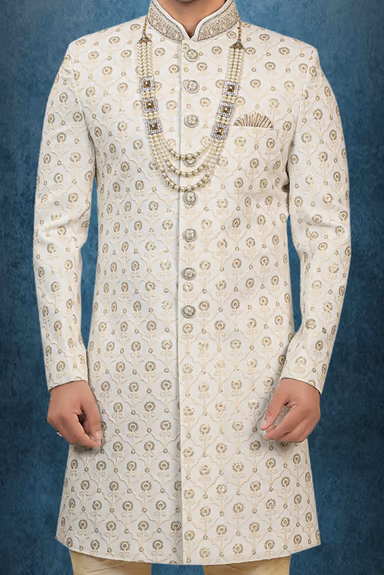 Gold Floral Embroidered Silk Sherwani — view 5 of 6