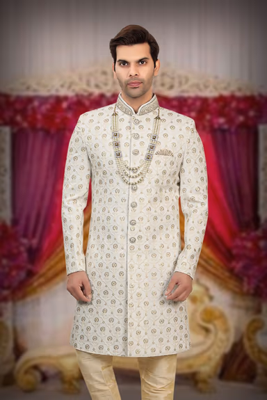 Gold Floral Embroidered Silk Sherwani — view 6 of 6