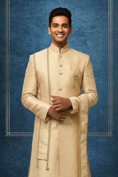 Golden Beige Sherwani with Shawl — view 2 of 2