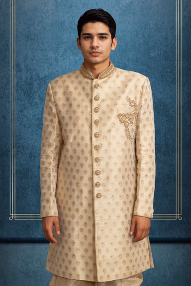Golden Ivory Sherwani, Embellishment Set On The Neckline And Buttons. Paired Up With Raw Silk Fused Dhoti Pant — view 2 of 2