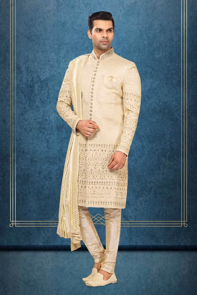 Golden Zari Embroidered Sherwani with Dupatta — view 3 of 6