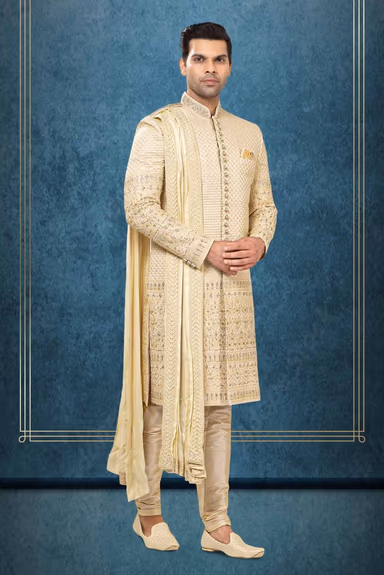 Golden Zari Embroidered Sherwani with Dupatta — view 2 of 6