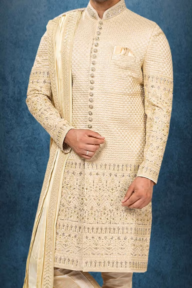 Golden Zari Embroidered Sherwani with Dupatta — view 4 of 6