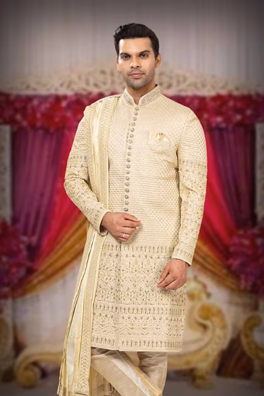 Golden Zari Embroidered Sherwani with Dupatta — view 6 of 6