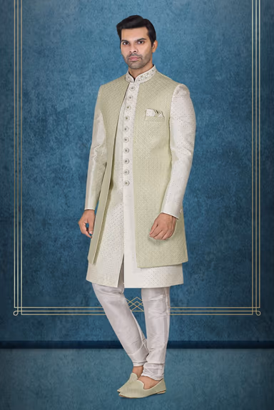 Green Textured Jacket Over An Ivory Kurta With Delicate Silver Embellishments Jacket Sherwani — view 3 of 6