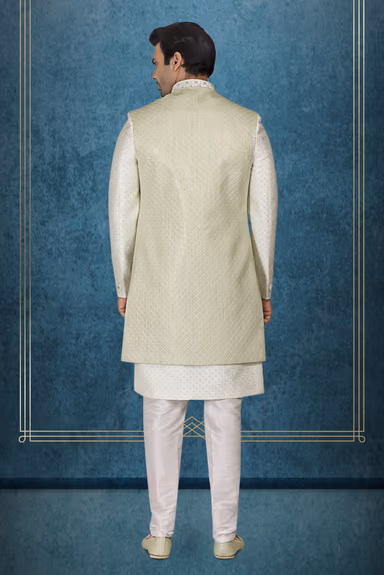 Green Textured Jacket Over An Ivory Kurta With Delicate Silver Embellishments Jacket Sherwani — view 4 of 6