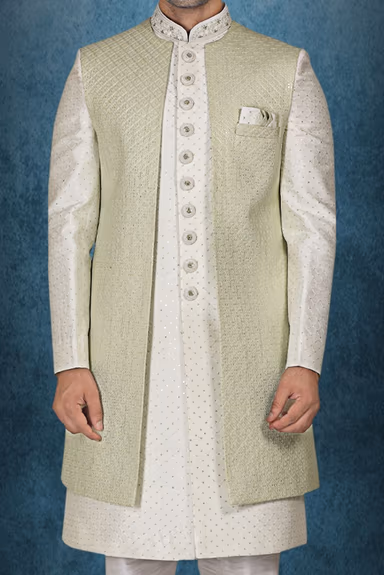 Green Textured Jacket Over An Ivory Kurta With Delicate Silver Embellishments Jacket Sherwani — view 5 of 6