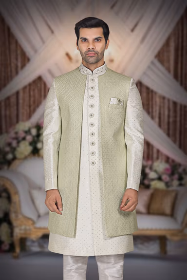 Green Textured Jacket Over An Ivory Kurta With Delicate Silver Embellishments Jacket Sherwani — view 6 of 6
