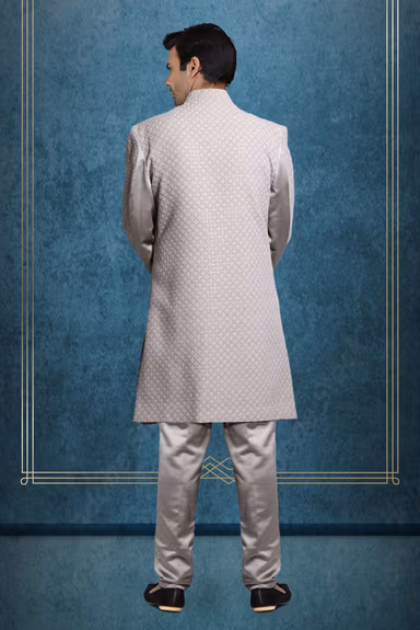 Grey Colour Jaquard Textured 2 pc Sherwani with Heavy Outer Jacket And Plain Inner Kurtha — view 4 of 4
