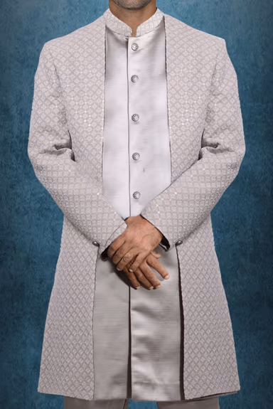 Grey Colour Jaquard Textured 2 pc Sherwani with Heavy Outer Jacket And Plain Inner Kurtha — view 3 of 4