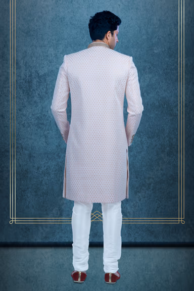 Hand-Stone Lakhnawi Fabric In Baby pink Sherwani — view 3 of 5