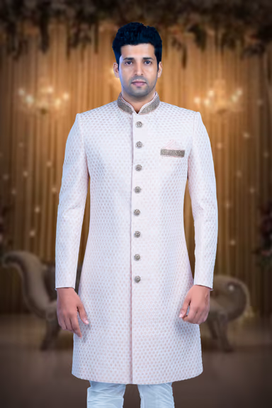 Hand-Stone Lakhnawi Fabric In Baby pink Sherwani — view 5 of 5