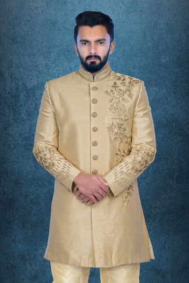 Hand Zarkan Embroidered Raw Silk In Beige   Sherwani — view 2 of 5