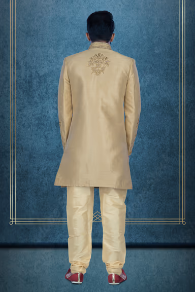 Hand Zarkan Embroidered Raw Silk In Beige   Sherwani — view 3 of 5