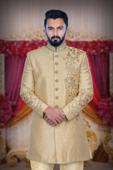 Hand Zarkan Embroidered Raw Silk In Beige   Sherwani — view 5 of 5