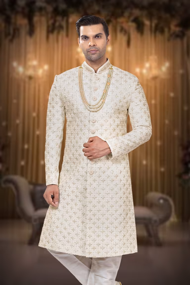 Elegant Ivory Sherwani With Golden Embroidery — view 2 of 6