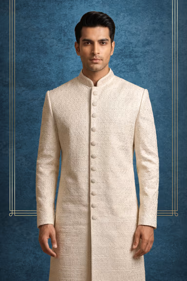 Elegant Ivory Sherwani with Intricate Embroidery and Timeless Regal Wedding Appeal — view 2 of 2