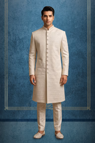 Elegant Ivory Sherwani with Intricate Embroidery and Timeless Regal Wedding Appeal — view 1 of 2