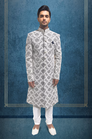 Ivory Pearl Geometric Jacquard Designer Sherwani Set — view 1 of 2