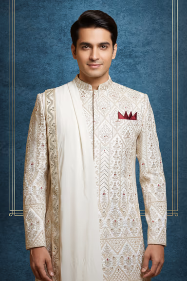 Traditional Ivory Sherwani Showcasing Geometric Diamond Patterns Accented By A Striking Contrast Maroon Silk… — view 2 of 2