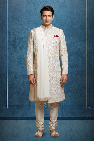 Traditional Ivory Sherwani Showcasing Geometric Diamond Patterns Accented By A Striking Contrast Maroon Silk… — view 1 of 2