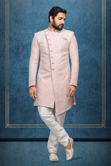 Light Pink Textured  Indowestern With Heavy Detailing — view 2 of 6