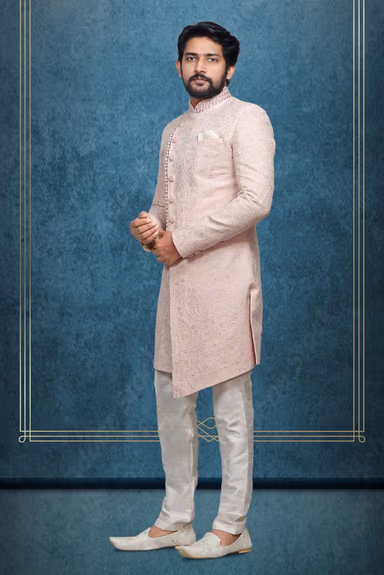 Light Pink Textured  Indowestern With Heavy Detailing — view 3 of 6