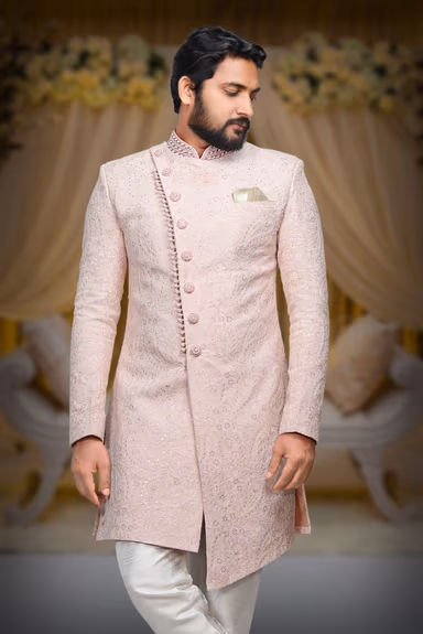 Light Pink Textured  Indowestern With Heavy Detailing — view 6 of 6