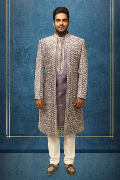 Lilac colour Heavy Embroiderd Double Layer sherwani — view 1 of 3
