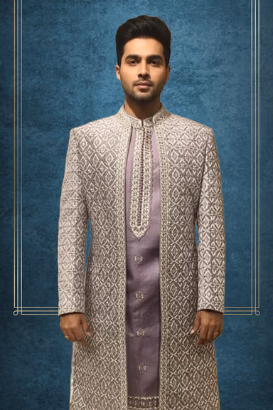 Lilac colour Heavy Embroiderd Double Layer sherwani — view 2 of 3