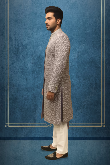 Lilac colour Heavy Embroiderd Double Layer sherwani — view 3 of 3