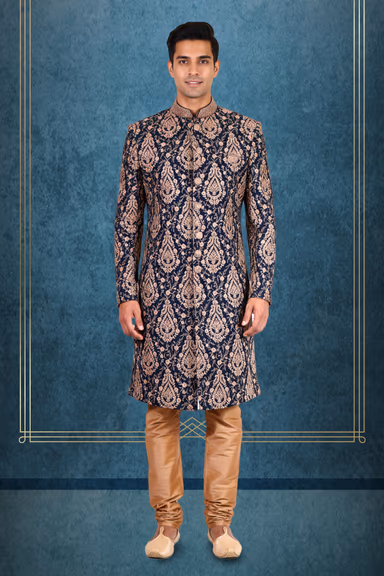 Navy Blue & Gold Brocade Sherwani with Classic Churidar — view 1 of 3