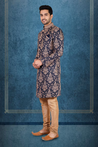 Navy Blue & Gold Brocade Sherwani with Classic Churidar — view 2 of 3