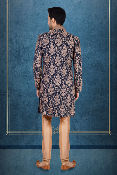 Navy Blue & Gold Brocade Sherwani with Classic Churidar — view 3 of 3