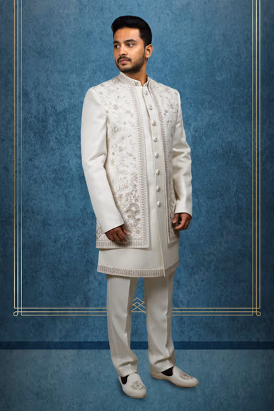 Off White 2 Pc Sherwani With Threadworked Floral Details On Sleeveless Jacket — view 2 of 2