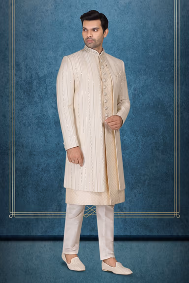 Off-White, Cream And Gold Fascinating Jacket Sherwani — view 3 of 6