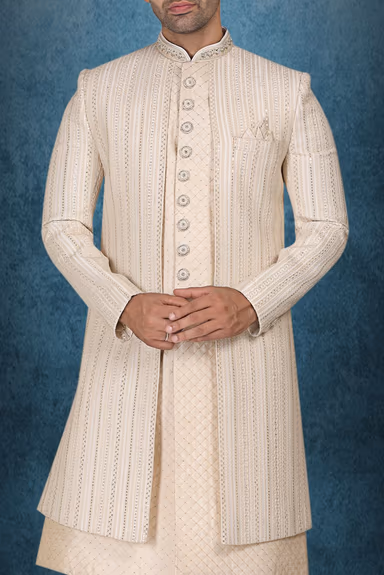 Off-White, Cream And Gold Fascinating Jacket Sherwani — view 4 of 6