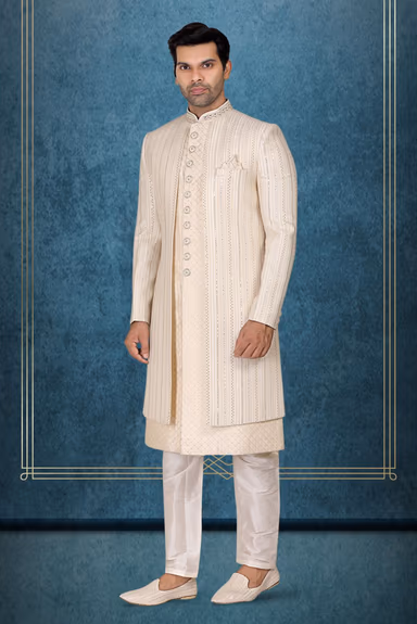 Off-White, Cream And Gold Fascinating Jacket Sherwani — view 2 of 6