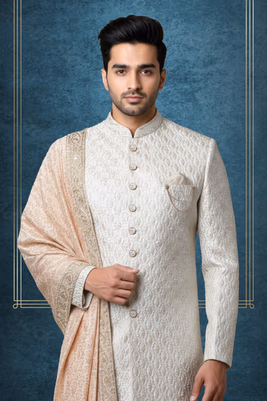 Stunning Off White Sherwani Featured With Intricate Sequins And Beadwork. Its Long Silhouette Is Accented By… — view 2 of 3