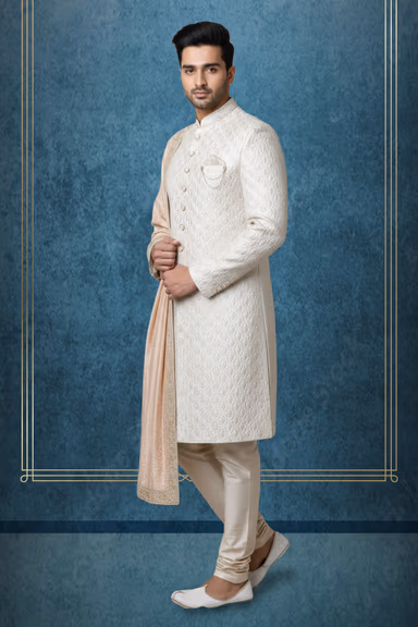 Stunning Off White Sherwani Featured With Intricate Sequins And Beadwork. Its Long Silhouette Is Accented By… — view 3 of 3